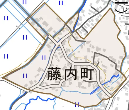 大字藤内町とその周辺の地図。町の範囲を重ねている