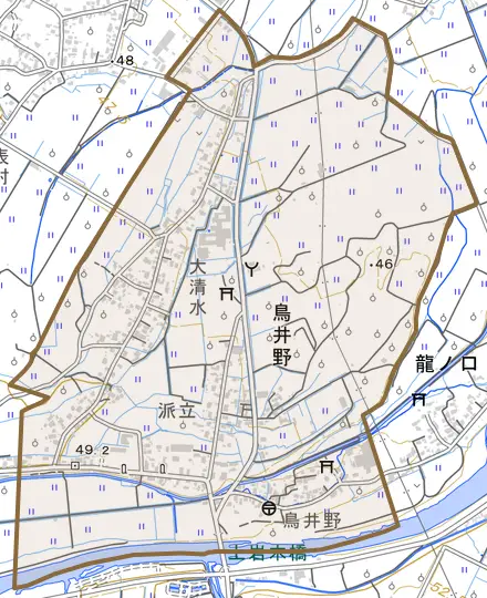 大字鳥井野とその周辺の地図。町の範囲を重ねている