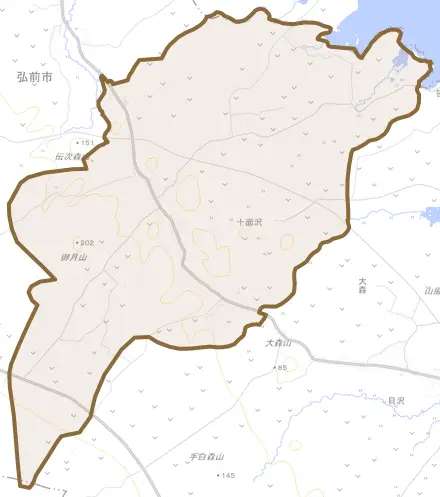 大字十面沢とその周辺の地図。町の範囲を重ねている