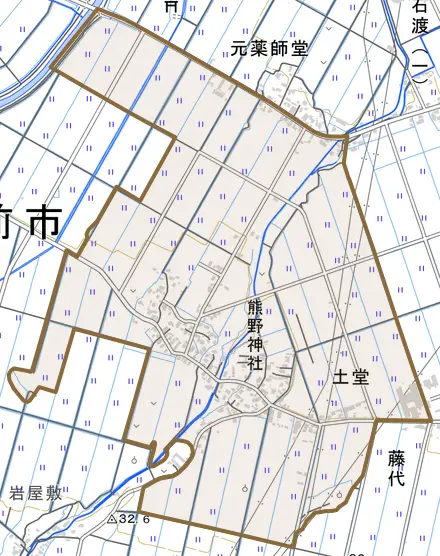 大字土堂とその周辺の地図。町の範囲を重ねている
