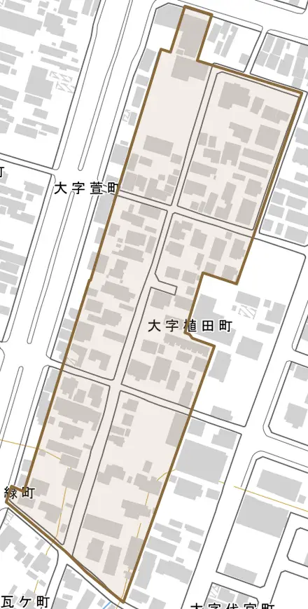 大字植田町とその周辺の地図。町の範囲を重ねている