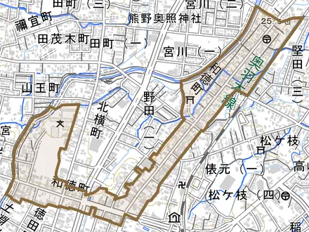 大字和徳町とその周辺の地図。町の範囲を重ねている
