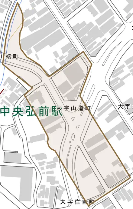 大字山道町とその周辺の地図。町の範囲を重ねている