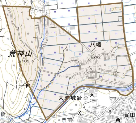 大字八幡とその周辺の地図。町の範囲を重ねている