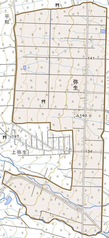 大字弥生とその周辺の地図。町の範囲を重ねている