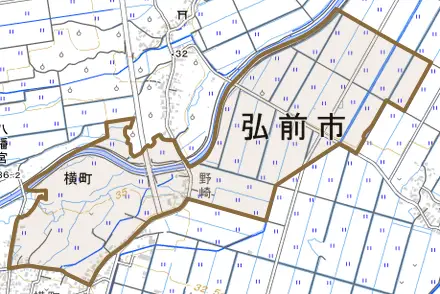 大字横町とその周辺の地図。町の範囲を重ねている