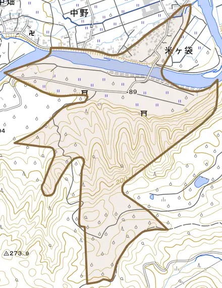 大字米ケ袋とその周辺の地図。町の範囲を重ねている