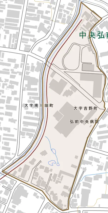 大字吉野町とその周辺の地図。町の範囲を重ねている