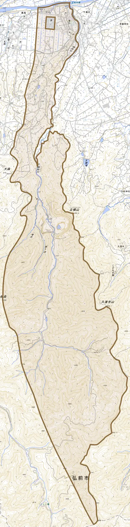 大字湯口とその周辺の地図。町の範囲を重ねている