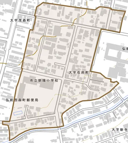 大字在府町とその周辺の地図。町の範囲を重ねている