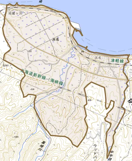 大字浜名とその周辺の地図。町の範囲を重ねている