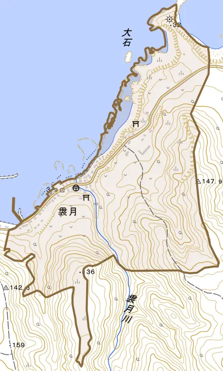 大字袰月とその周辺の地図。町の範囲を重ねている