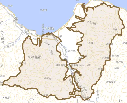 大字今別とその周辺の地図。町の範囲を重ねている