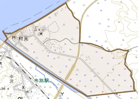大字村元とその周辺の地図。町の範囲を重ねている