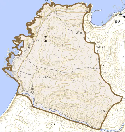 大字大泊とその周辺の地図。町の範囲を重ねている