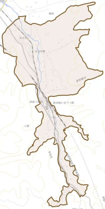 大字大川平とその周辺の地図。町の範囲を重ねている