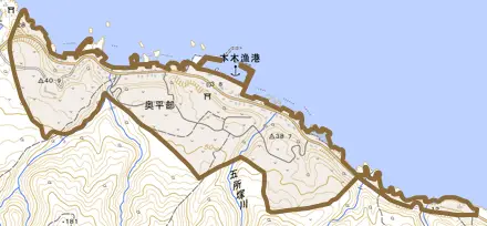 大字奥平部とその周辺の地図。町の範囲を重ねている