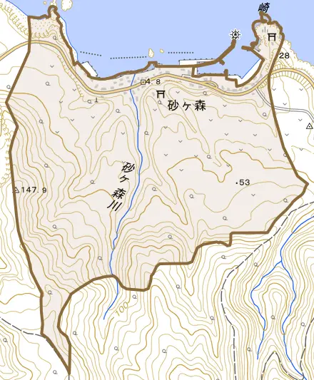 大字砂ケ森とその周辺の地図。町の範囲を重ねている