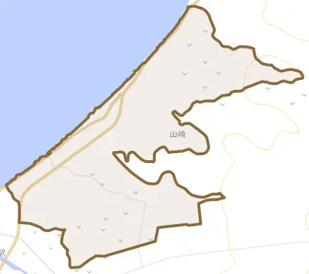 大字山崎とその周辺の地図。町の範囲を重ねている