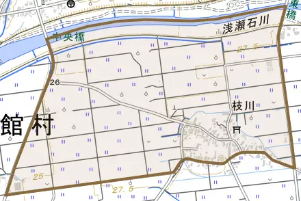 大字枝川とその周辺の地図。町の範囲を重ねている
