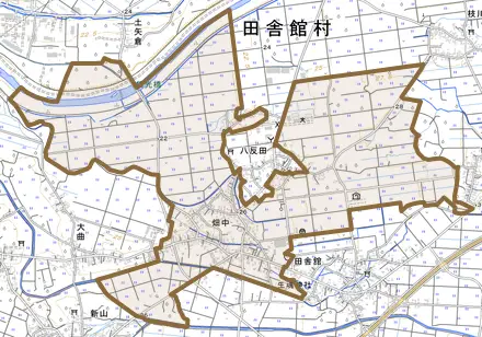 大字畑中とその周辺の地図。町の範囲を重ねている