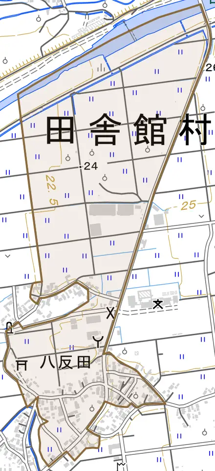 大字八反田とその周辺の地図。町の範囲を重ねている