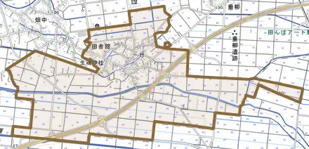 大字田舎舘とその周辺の地図。町の範囲を重ねている
