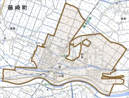 大字川部とその周辺の地図。町の範囲を重ねている