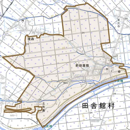 大字前田屋敷とその周辺の地図。町の範囲を重ねている