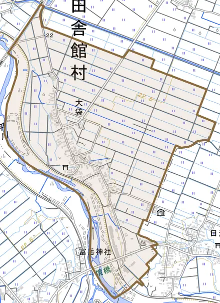 大字大袋とその周辺の地図。町の範囲を重ねている