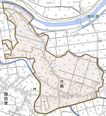 大字大曲とその周辺の地図。町の範囲を重ねている