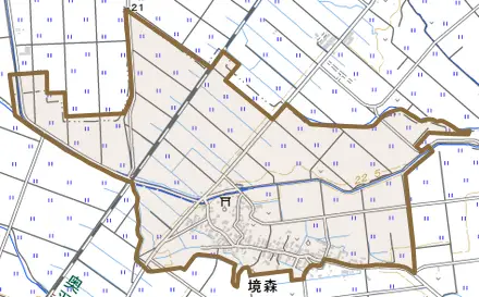 大字境森とその周辺の地図。町の範囲を重ねている