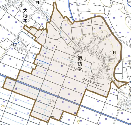 大字諏訪堂とその周辺の地図。町の範囲を重ねている