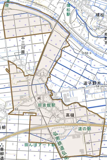 大字高樋とその周辺の地図。町の範囲を重ねている