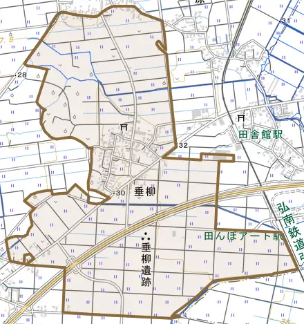 大字垂柳とその周辺の地図。町の範囲を重ねている