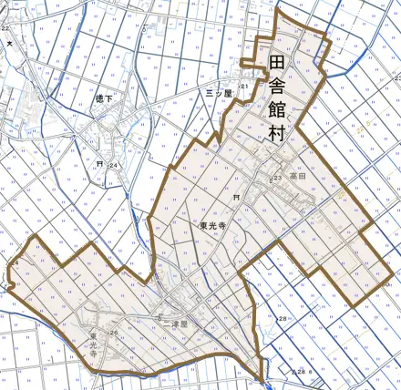 大字東光寺とその周辺の地図。町の範囲を重ねている