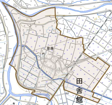 大字豊蒔とその周辺の地図。町の範囲を重ねている