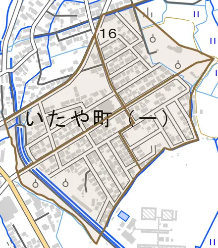 いたや町とその周辺の地図。町の範囲を重ねている