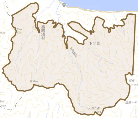 大字易国間とその周辺の地図。町の範囲を重ねている