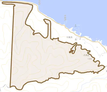大字下風呂とその周辺の地図。町の範囲を重ねている