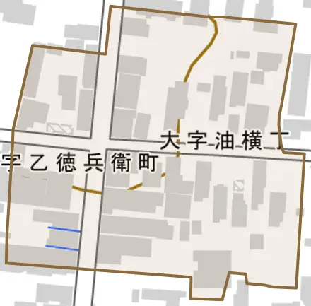 大字油横丁とその周辺の地図。町の範囲を重ねている