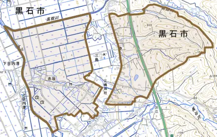 大字赤坂とその周辺の地図。町の範囲を重ねている