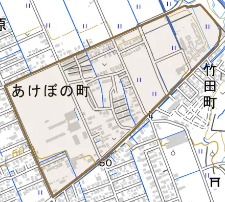 あけぼの町とその周辺の地図。町の範囲を重ねている