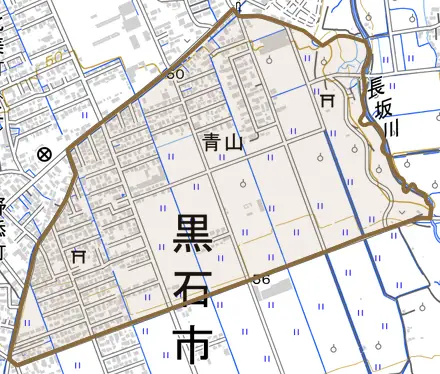青山とその周辺の地図。町の範囲を重ねている