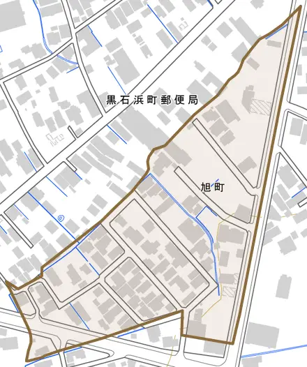 旭町とその周辺の地図。町の範囲を重ねている