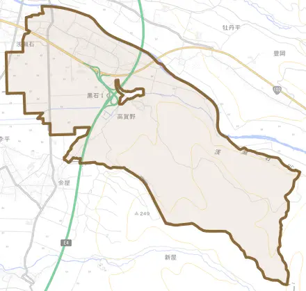大字浅瀬石とその周辺の地図。町の範囲を重ねている