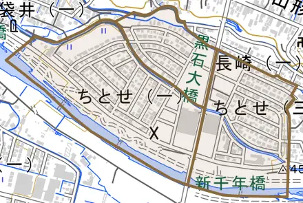 ちとせとその周辺の地図。町の範囲を重ねている
