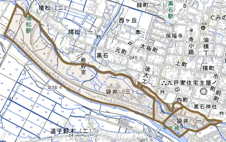 袋井とその周辺の地図。町の範囲を重ねている