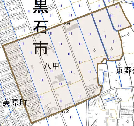 八甲とその周辺の地図。町の範囲を重ねている