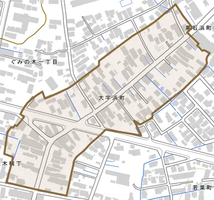 大字浜町とその周辺の地図。町の範囲を重ねている